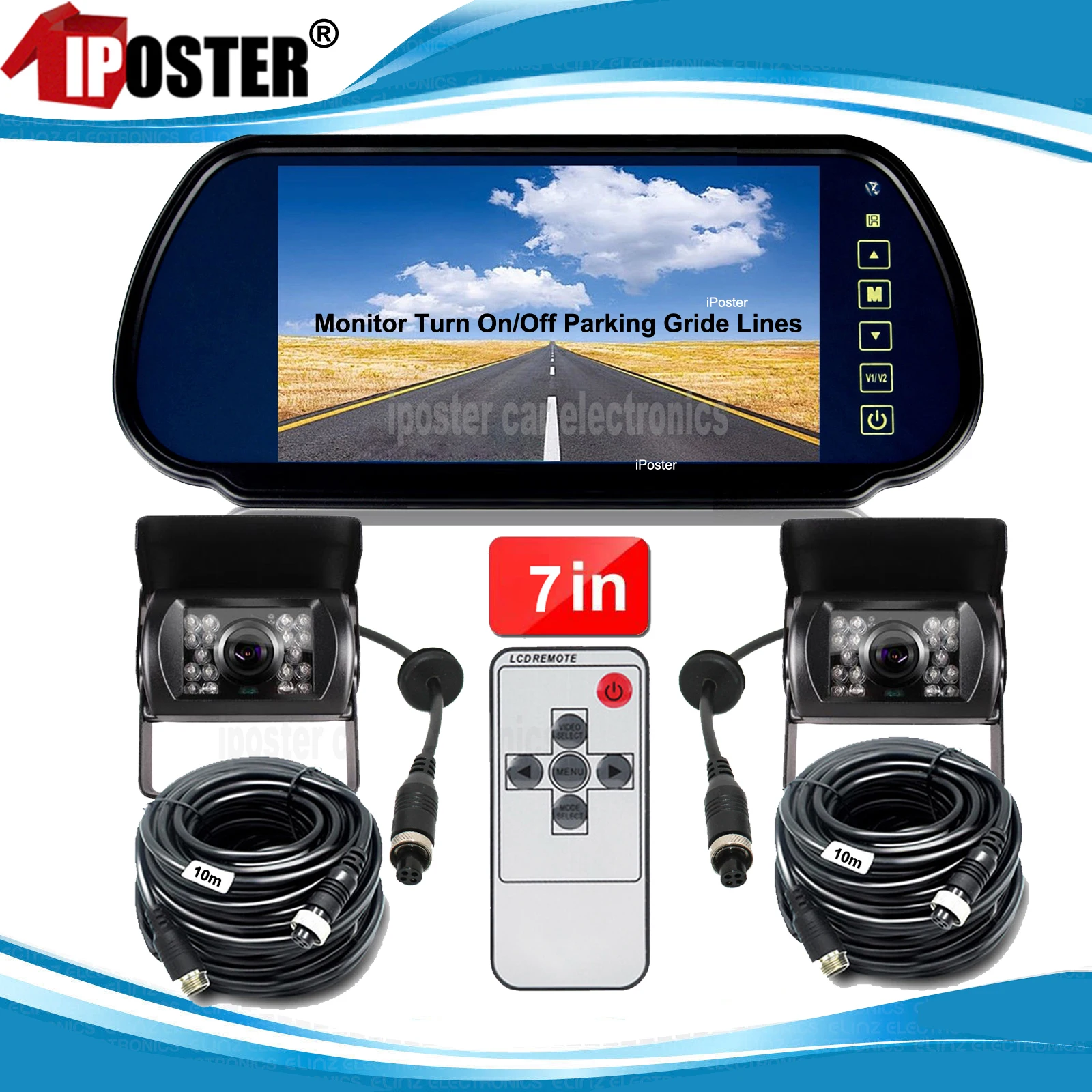 

iPoster 7 Inch Screen Rear View Mirror Monitor 2x 4PIN Reversing Backup Cameras NIGHT Vision Waterproof 2x 10m 12-24v For Rv Van