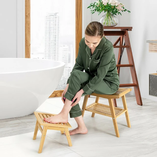 Silla de banco de ducha de baño de bambú con estante de almacenamiento de 2  niveles para Uso en interiores o exteriores Banco de almacenamiento  impermeable - China Silla de banco de