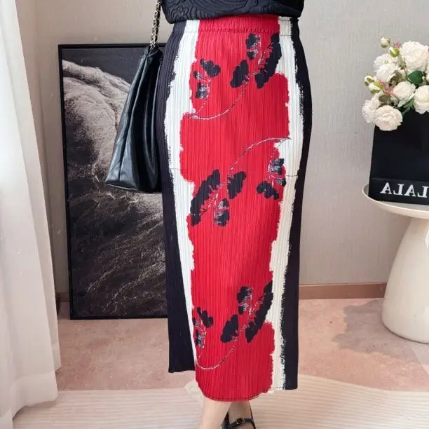 High end printed pleated skirt for women's spring and summer new fashion versatile commuter elastic waist skirt