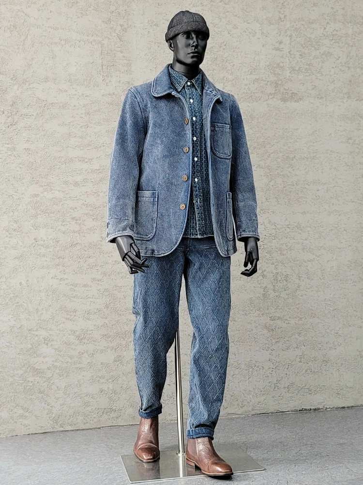 Men's Sashiko Suit Jacket Indigo Blue Vintage Workwear 3