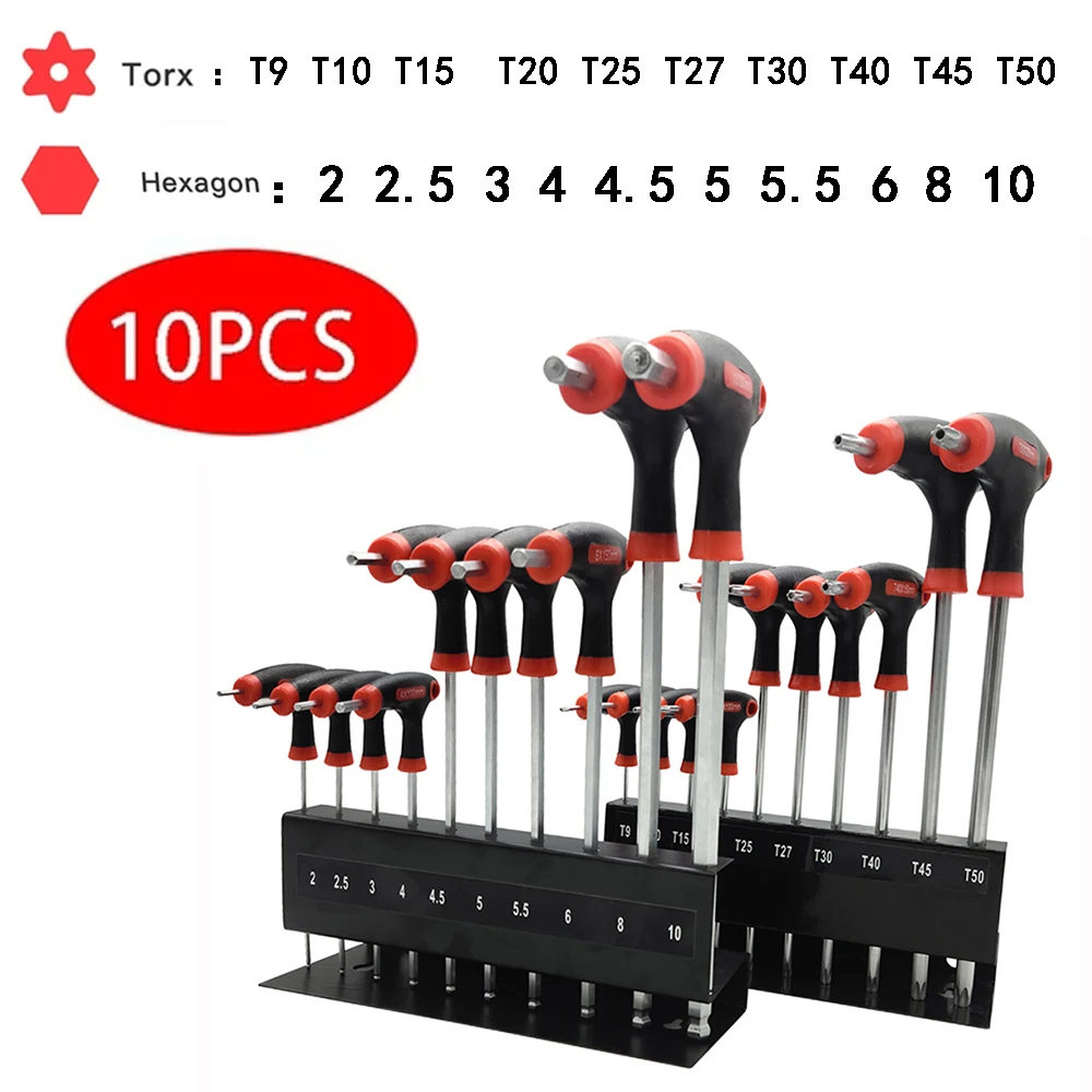 Set di strumenti per chiavi a brugola con chiave esagonale con impugnatura a T da 10 pezzi Set di chiavi torx con impugnatura a T a stella con comodo supporto di archiviazione Strumento per cacciavite chiave inglese 9