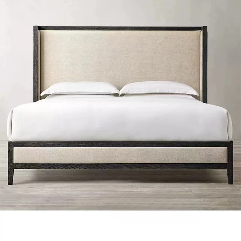 

RH fabric solid wood bed double bed 1.8m soft backrest modern minimalist master bedroom bed retro white wax wood