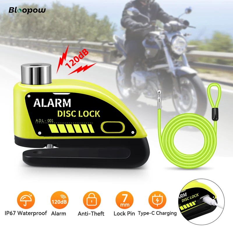 

Bloopow Motorcycle Lock Rechargeable 120dB Alarm Disc Brake Locks Anti-Theft Security Wheel Disc Lock Waterproof with 1.8M Cable