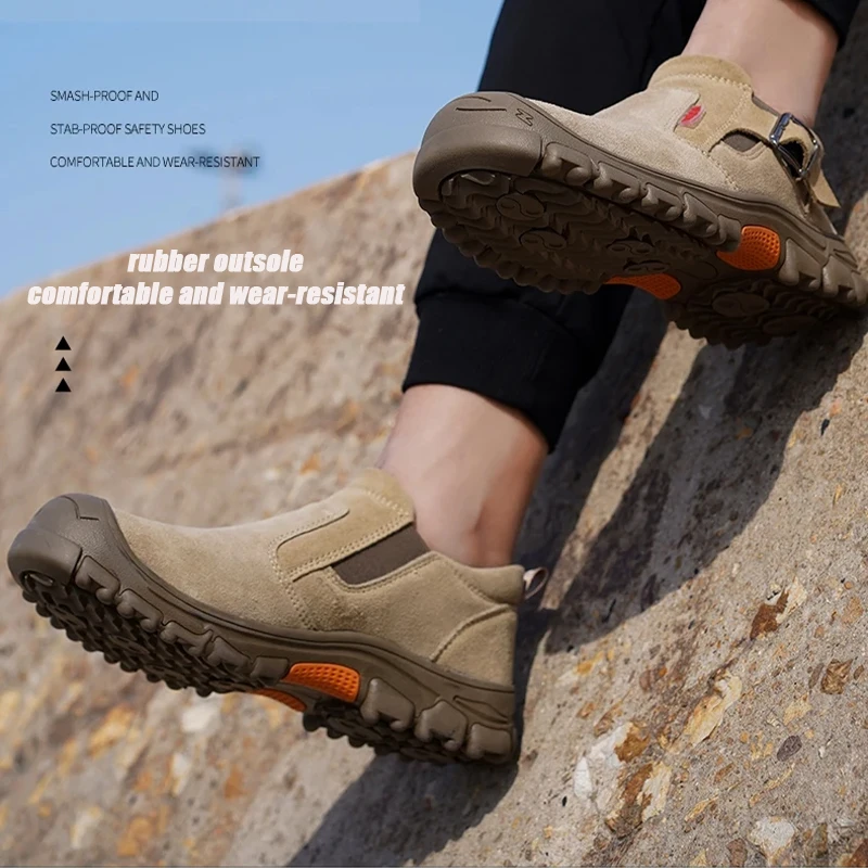 Safety Shoes Men Real Leather Ankle Boots Khaki Man Sneakers Summer Safety Work Shoes Man Welding Work Party light Shoes for Men