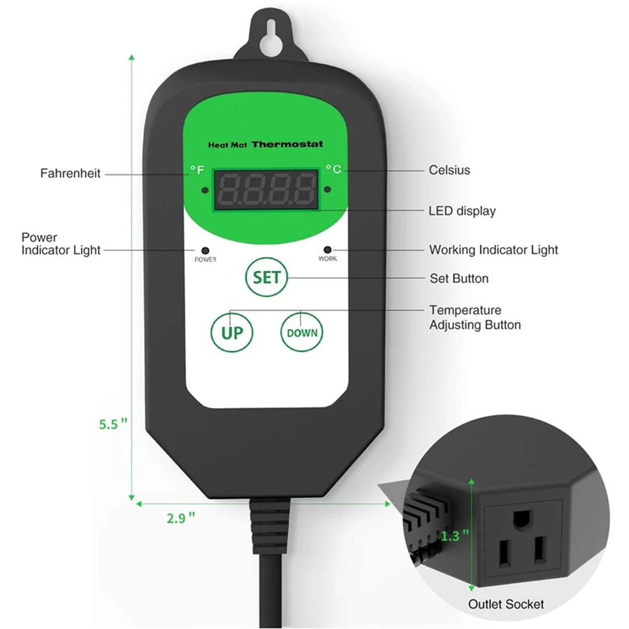 Settable Temperature Controller, Thermostat for Greenhouse Plants Germination, Reptiles Brewing, Digital, 68-108F