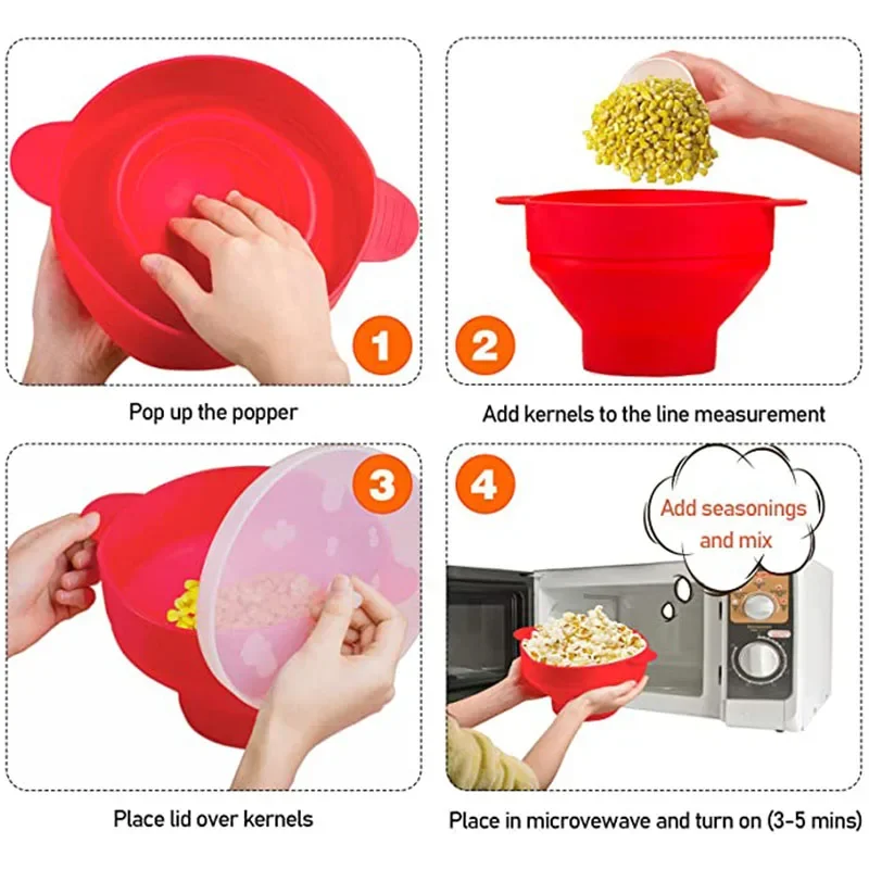 DIY Make Popcorn Bucket Bowl with Lid Bowls Microwave Silicone Popcorn Maker Food Grade Foldable High Quality Kitchen Easy Tools 5