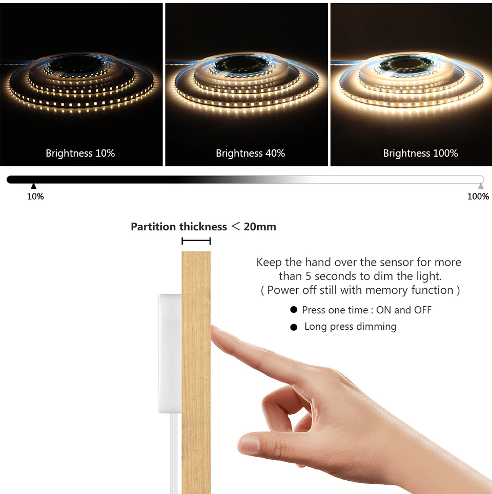 Description Picture 6 of item1-10Pcs LED Under Cabinet Light Penetrable Wood Dimmable Touch Sensor SMD2835 120LEDs/m Lamp Tape DIY Display Closet Backlight