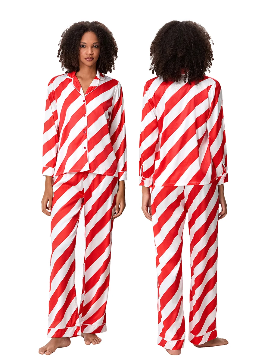 thumbnail image 1 of Conjunto de pijama navideño a rayas para mujer, cuello de solapa, manga larga, botones, pantalones con cintura elástica, pijamas de 2 piezas para estar en casa, 1 of 4