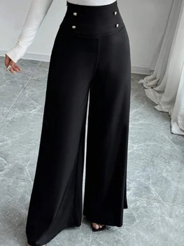 Women's Fashionable and Elegant Solid Color Wide-Leg Pants for Spring and Autumn, High Waisted Pants 1