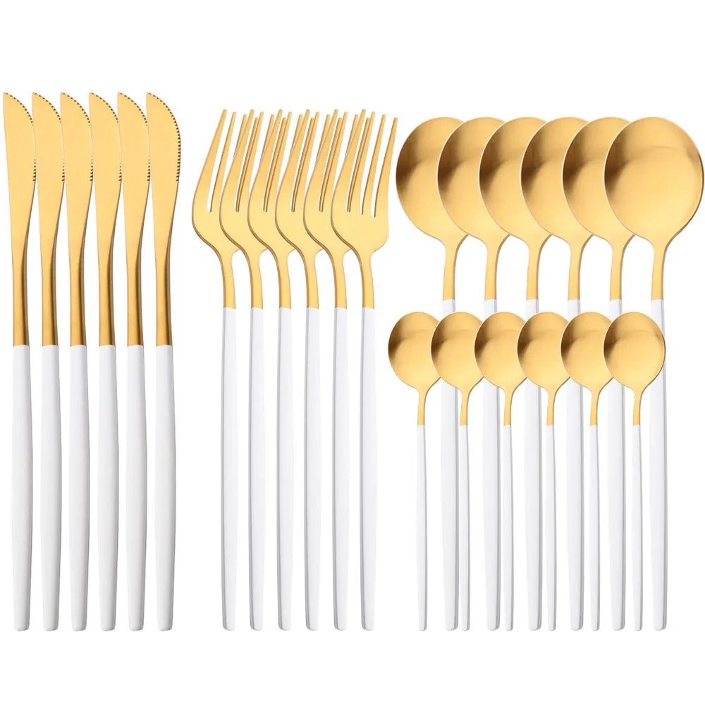 

24Pcs White Gold Cutlery Set Matte Dinnerware Western Flatware Knife Fork Spoon Stainless Steel Silverware Kitchen Tableware Set