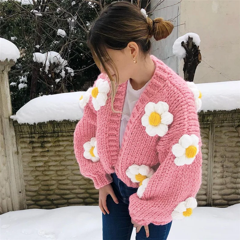 Floral Pink Crop Cardigan Women Knitted Sweater Loose Long Sleeve Autumn  Knit Jacket Vintage V Neck Fashion Tops Casual Sweaters