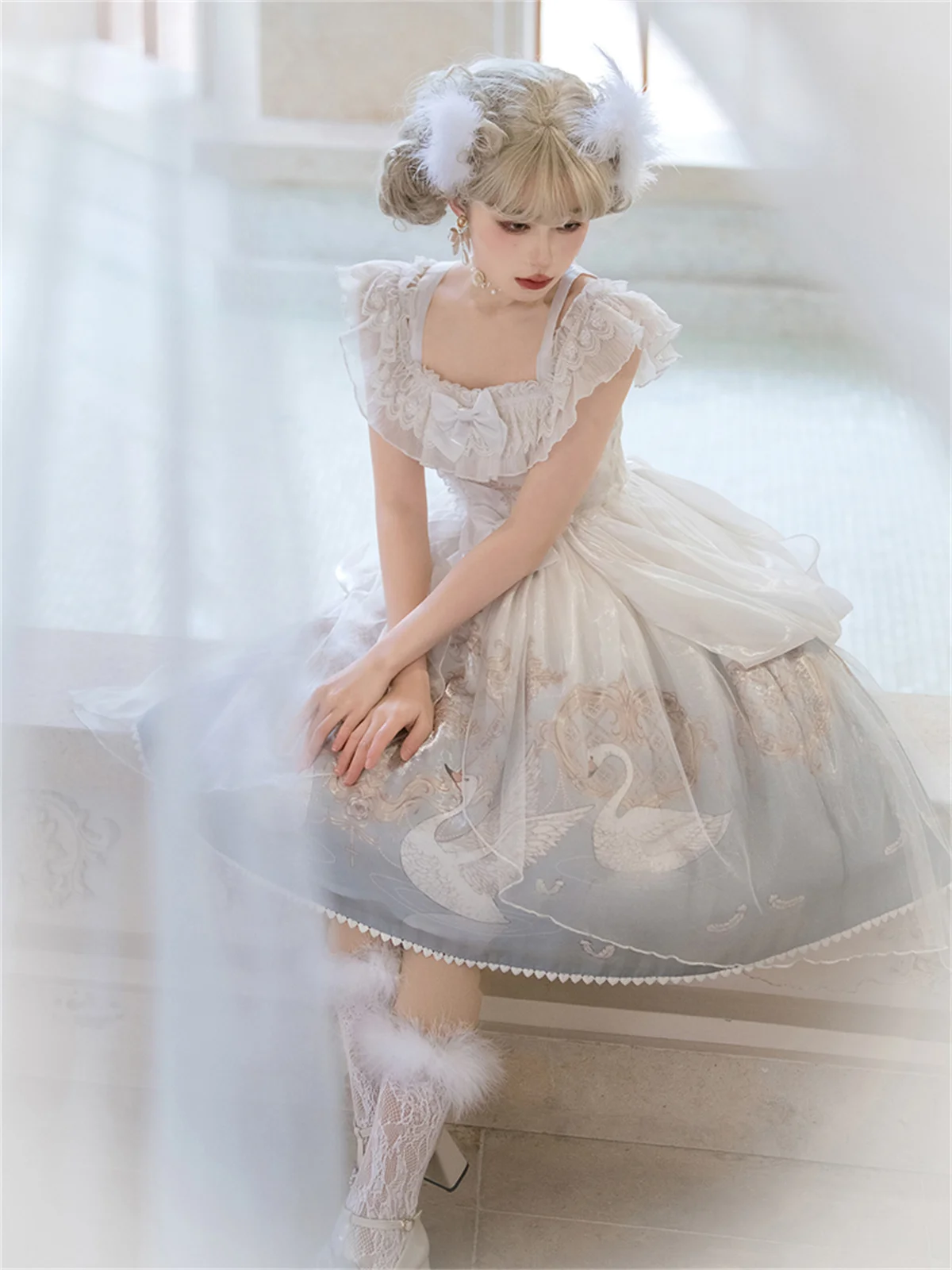 

French Vintage Palaca Style Lolita Cosplay Elegant Tea Party Girls Jsk Printing Swan Mesh Ruffle Bowknot Backless Dress