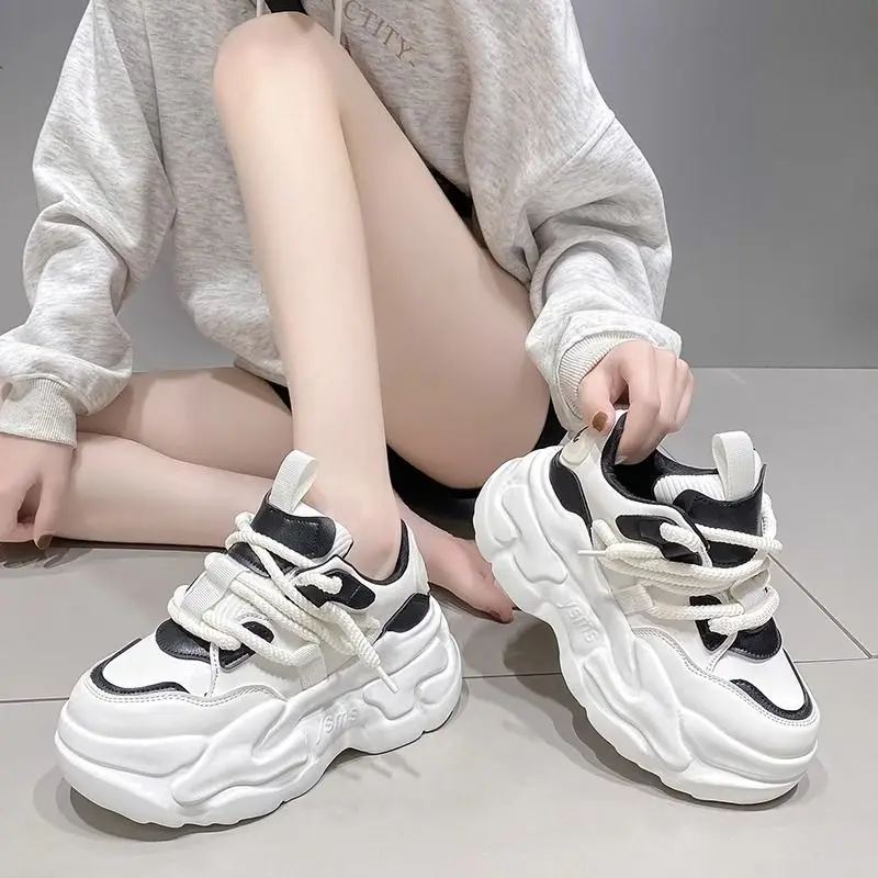 plus Size 41 43 Women's 2024 Autumn New Small Height Increasing Muffin Couple Casual Sneakers Dad Shoes 7cm