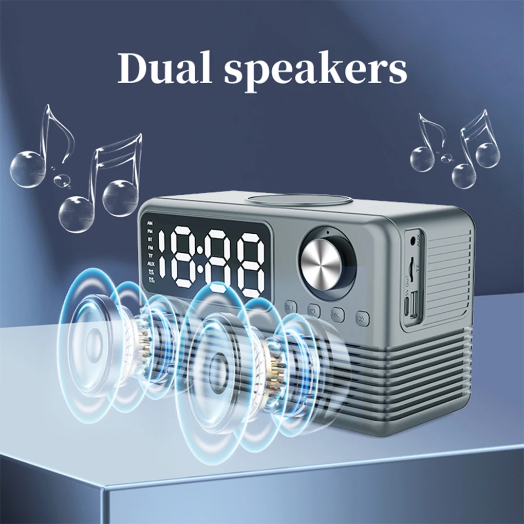 Muti-Function Bluetooth Music Speaker With 15w Wireless Fast Charge Real Time Dual Alarm Clock + FM radio USB External Charging
