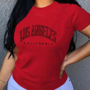 LOS ANGELES 레터 프린트 크루넥 티셔츠, 캐주얼 루즈핏 반팔, 패션 상의, 여성 의류, 여름