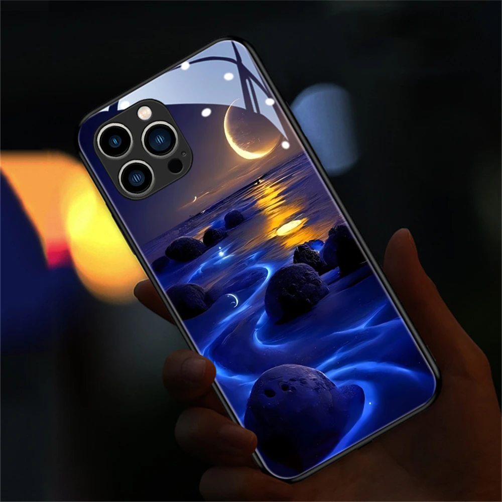 

Pretty Beach Smart LED Light Glow Tempered Glass Phone Case For Samsung A54 A53 A52 A51 A12 A14 A21S A50 A73 A72 A71 A33 A32 4G