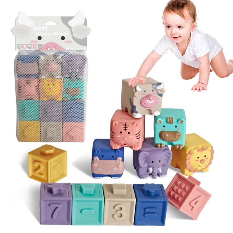 

Soft Silicone Building Blocks Baby Grasp Toy 3D Touch Hand Soft Balls Baby Bath Toy Massage Rubber Teethers Toys Gift