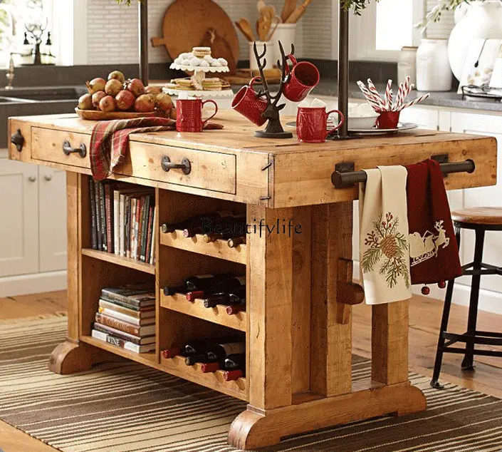 Retro Solid Wood Sideboard Milk Tea Shop Middle Island Table