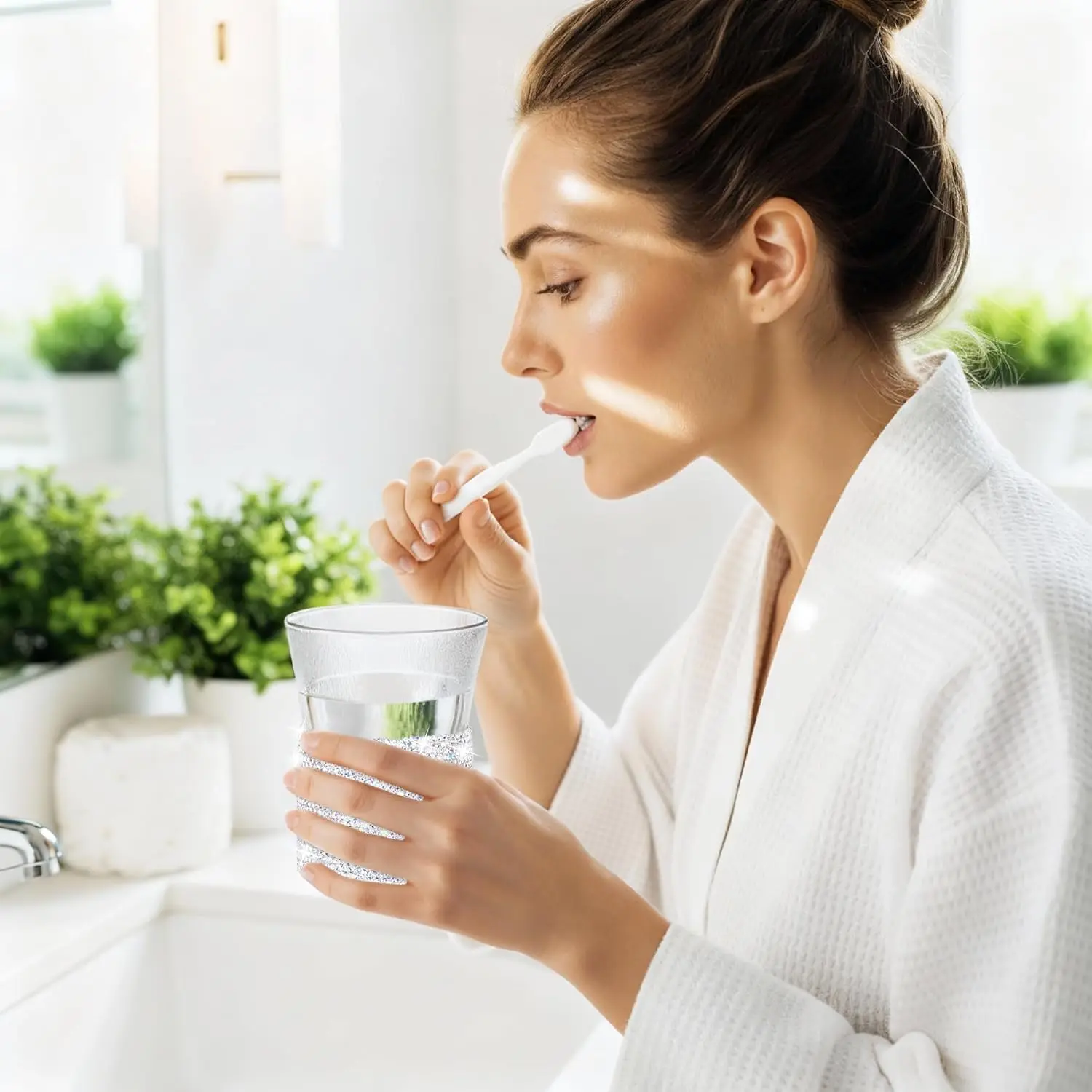 Bling Cup, 2er-Set Badezimmerbecher mit Zahnbürstenhalter, wiederverwendbare Glasbecher für Mundspülung, Gläser für Cocktails und Eiskaffee_voghion.com