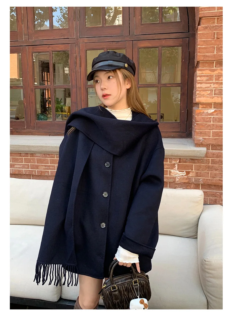 

Женская одежда 2023, модная куртка с бахромой и шарфом, Осень-зима, новинка 1206