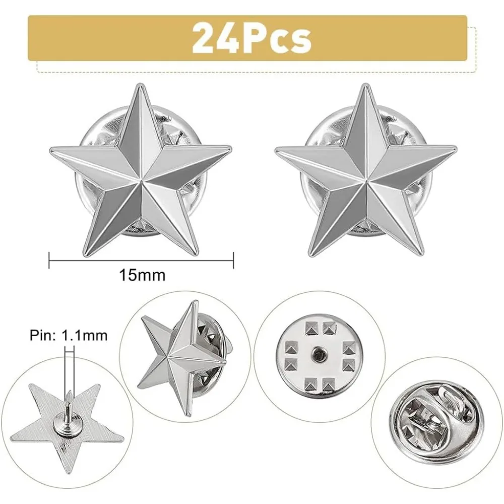 24Pcs Platinum Star Badge Lapel Pin Pentagram Alloy Brooch Pin Veterans Day Star Pin Military Award Pins Labor Day 4th of July 2