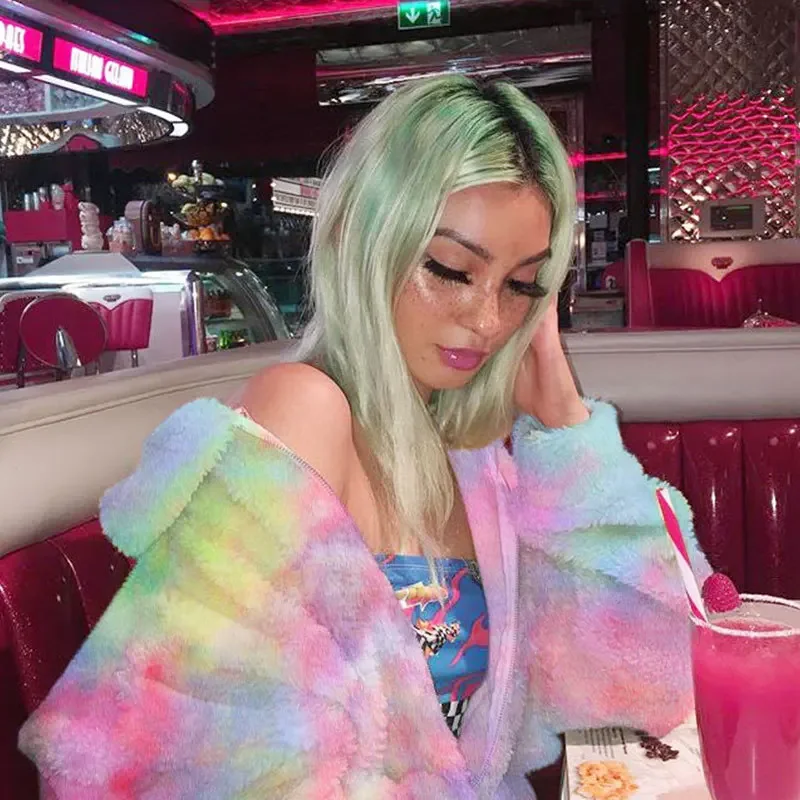 2020 Winter Women's Tie Dye Cashmere Coat Casual Lapel Fur Lamb Plush Clouds Color Pocket Jacket Teddy Loose Overcoat Outwear
