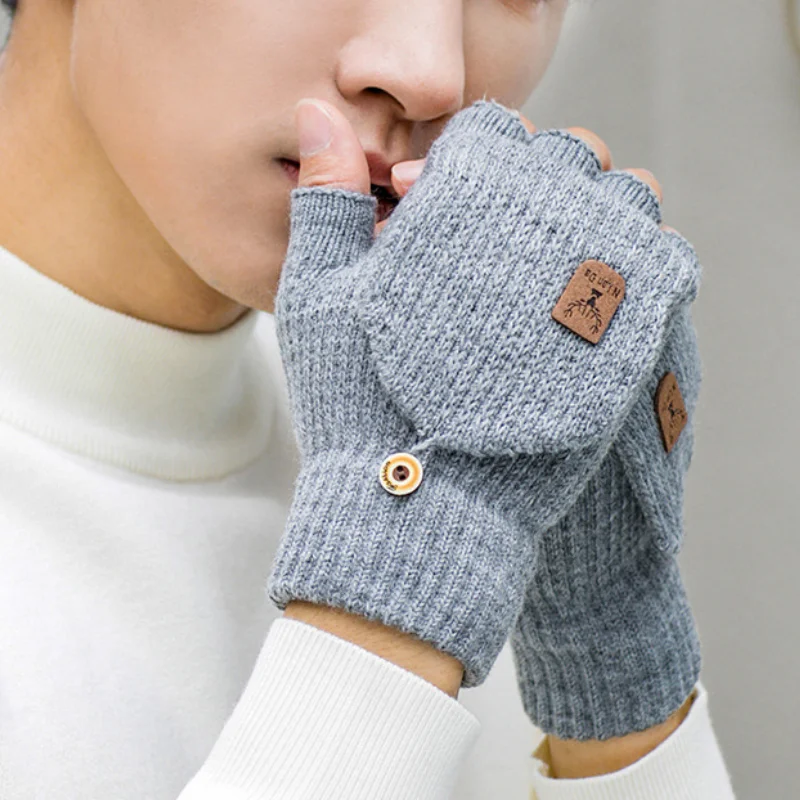 1 Pair Knitted Flip Gloves Wool Gloves Exposed Finger Thickening Winter Warm Touch Screen Fingerless Glove Cycling Sports glove 3