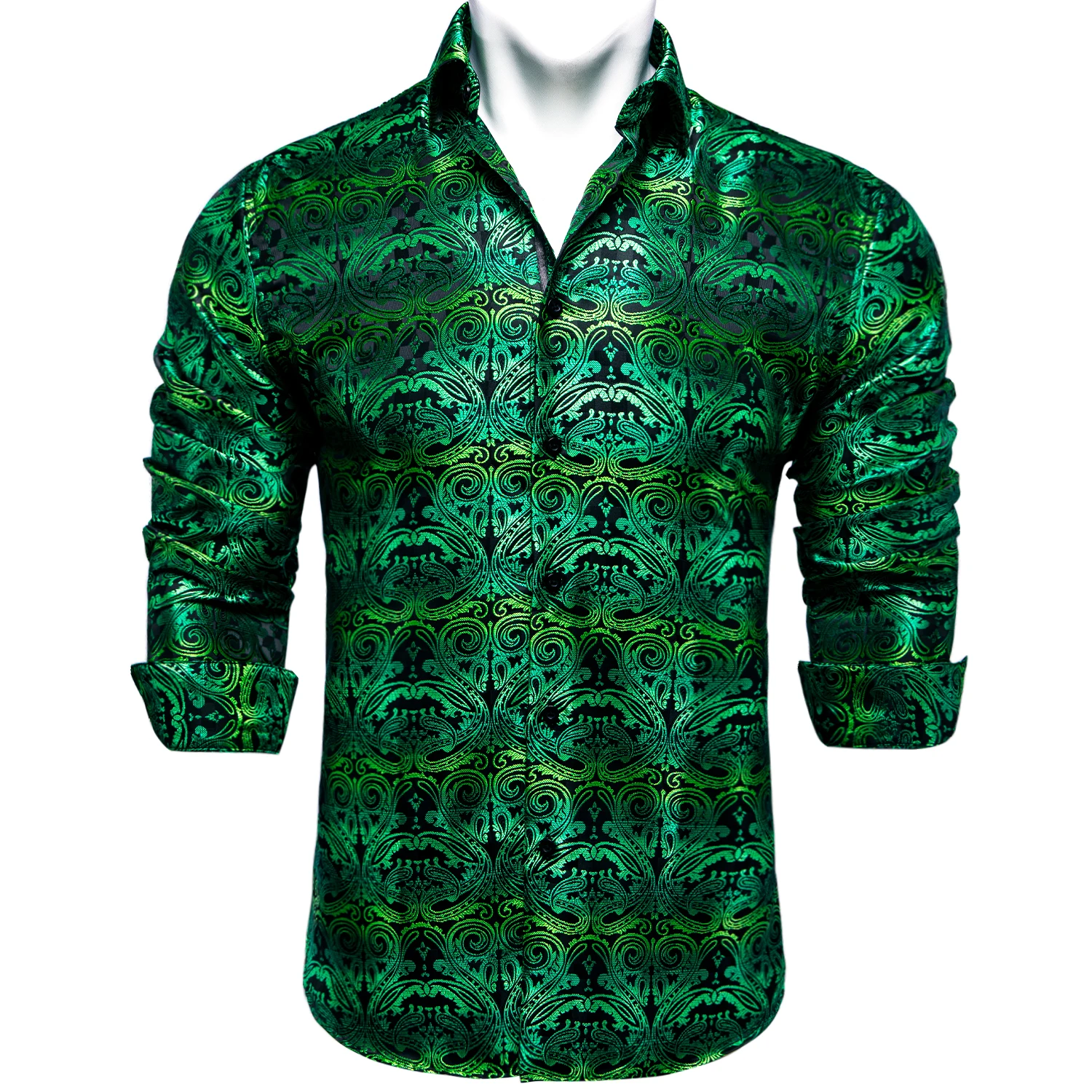 Luxury Green Paisley Floral Men's Silk Shrits Long Sleeve Designer Men Clothing Tuxedo Wedding Party Dress Shirt for Men DiBanGu