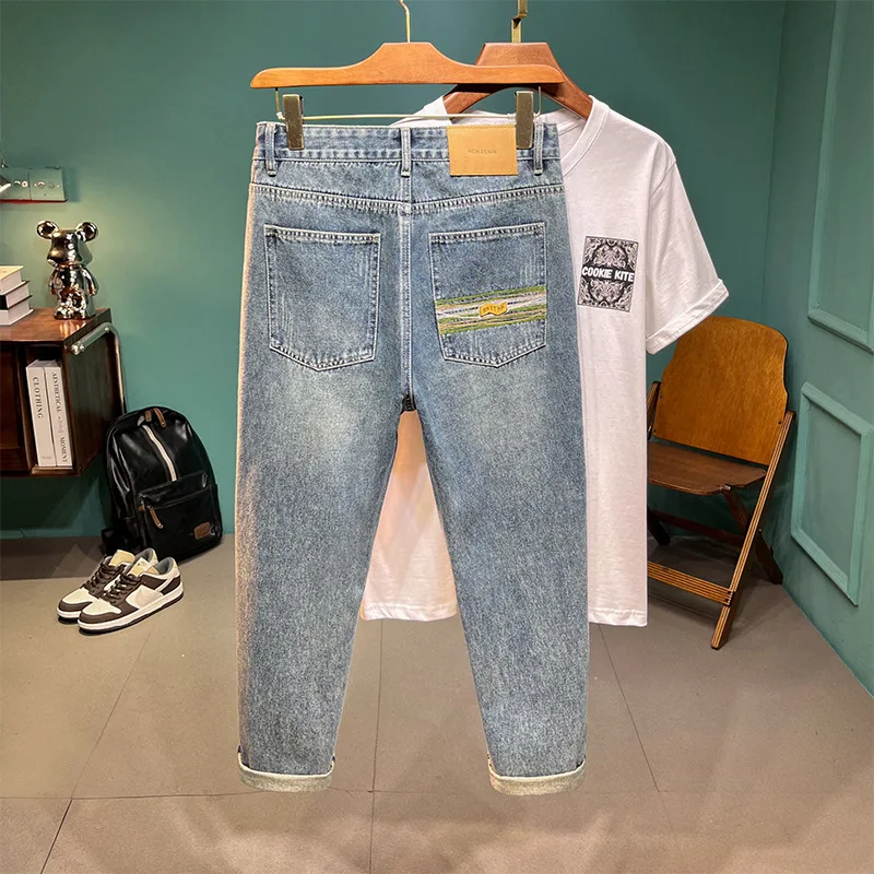 2024 New embroidered men's jeans fashion brand all-matching retro Pu handsome high-end pencil pants summer pants