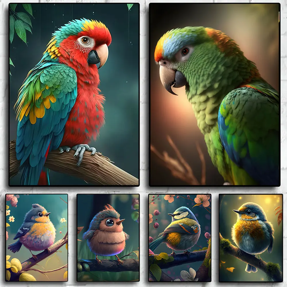 

Abstract Animals Bird Baby Cute Posters and Prints Parrot Flowers Canvas Painting Wall Art Picture for Kids Room Home Decor Gift