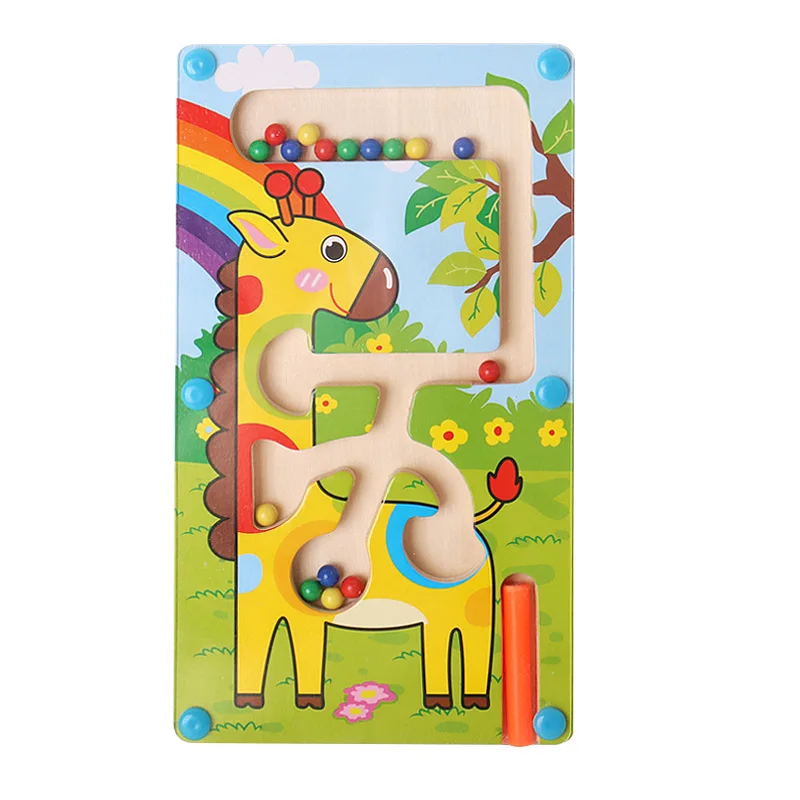 Wooden Magnetic Maze,Train Animals Shape Labyrinth Toys, Early Educational Toys, Magnetic Pen Driving Beads Interactive Game 6