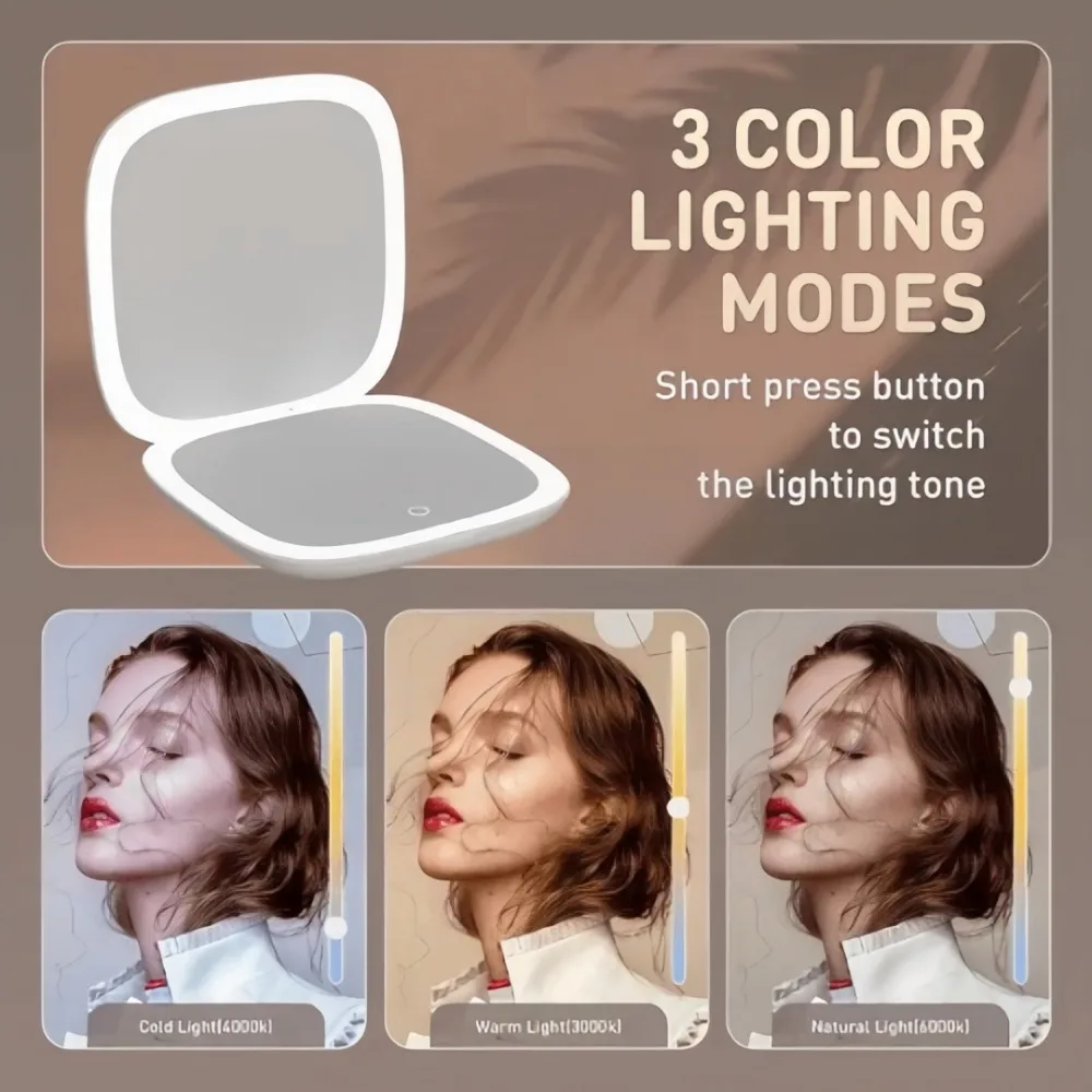 Double Sided LED Makeup Mirror Adjustable Color 3x Magnification USB Charging Portable Folding Women's Outdoor Use