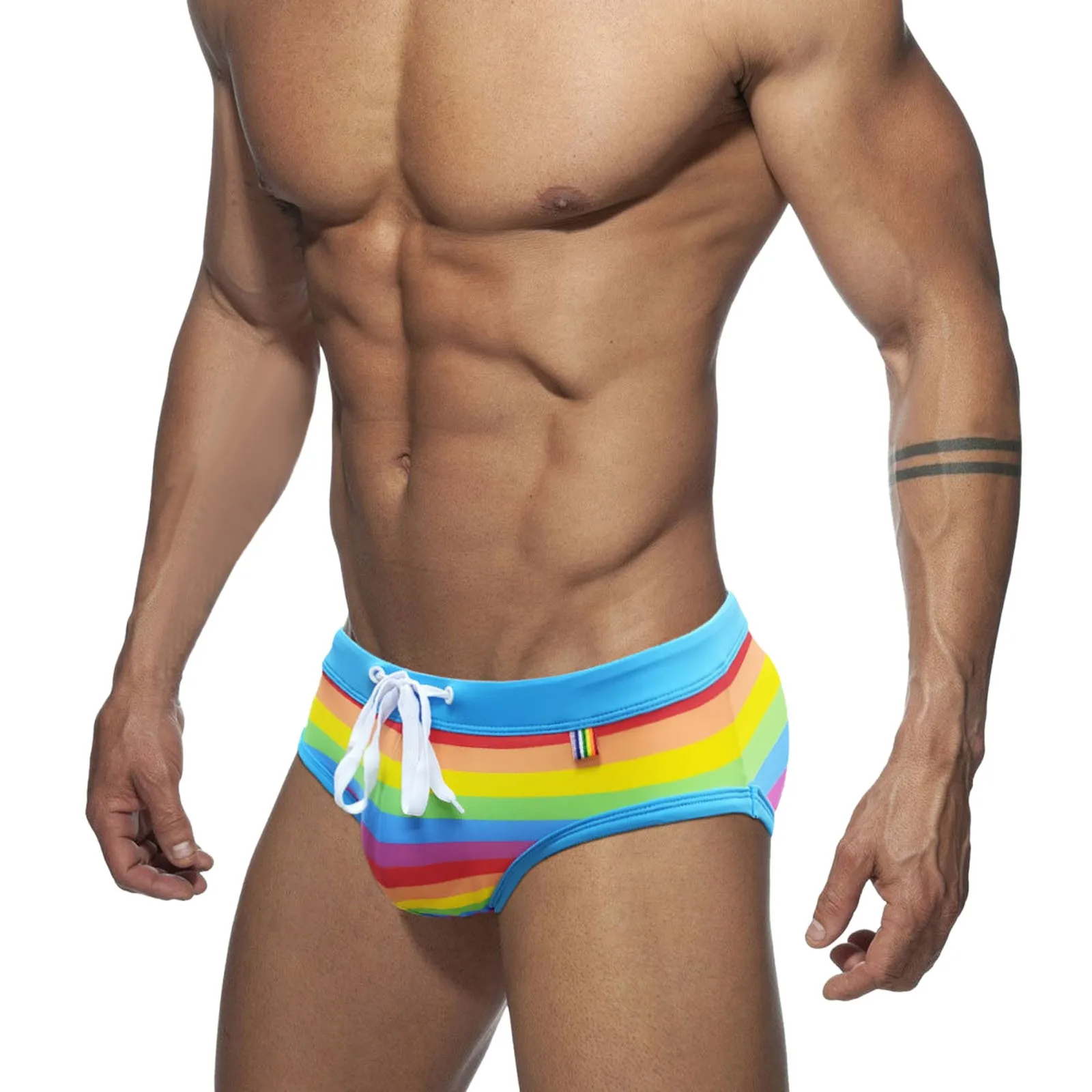

Push Up Mens Swim Briefs Rainbow Stripe Swimwear Bikini Swimming Trunks For Man Sexy Swimsuit Beach Shorts Quick Dry Color Block