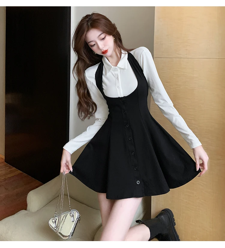 Autumn New Two-piece Skirt Sets Women Long Sleeve White Blouse High Waist Halter Mini Dress Korean Fashion Y2K Harajuku Outfits