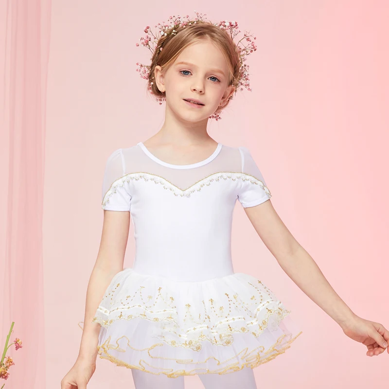 

Children's Ballet Dance Performacne Tutu Dress Short-sleeved Cotton Leotard with Tulle Skirt for Girls Practice Clothes C22187