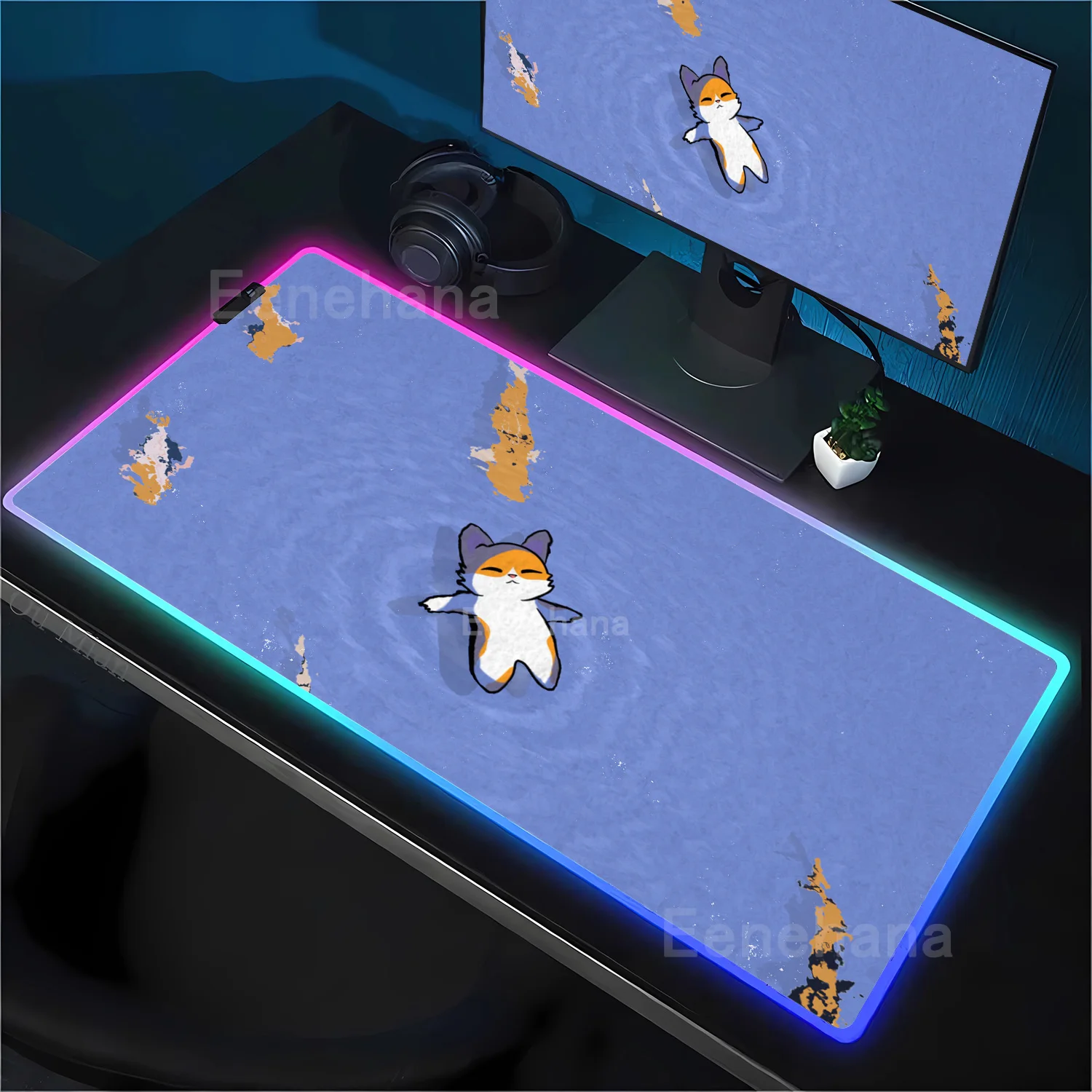 Kawaii RGB LED Backlit Cartoon Cat Gaming Mouse Pad - Anime Desk Mat for Office & Gaming Setup