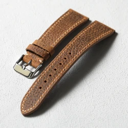 Handmade Lychee Patterned Genuine Cowhide Ultra - Thin Leather Strap - Retro Style - 20mm (Silver Buckle)