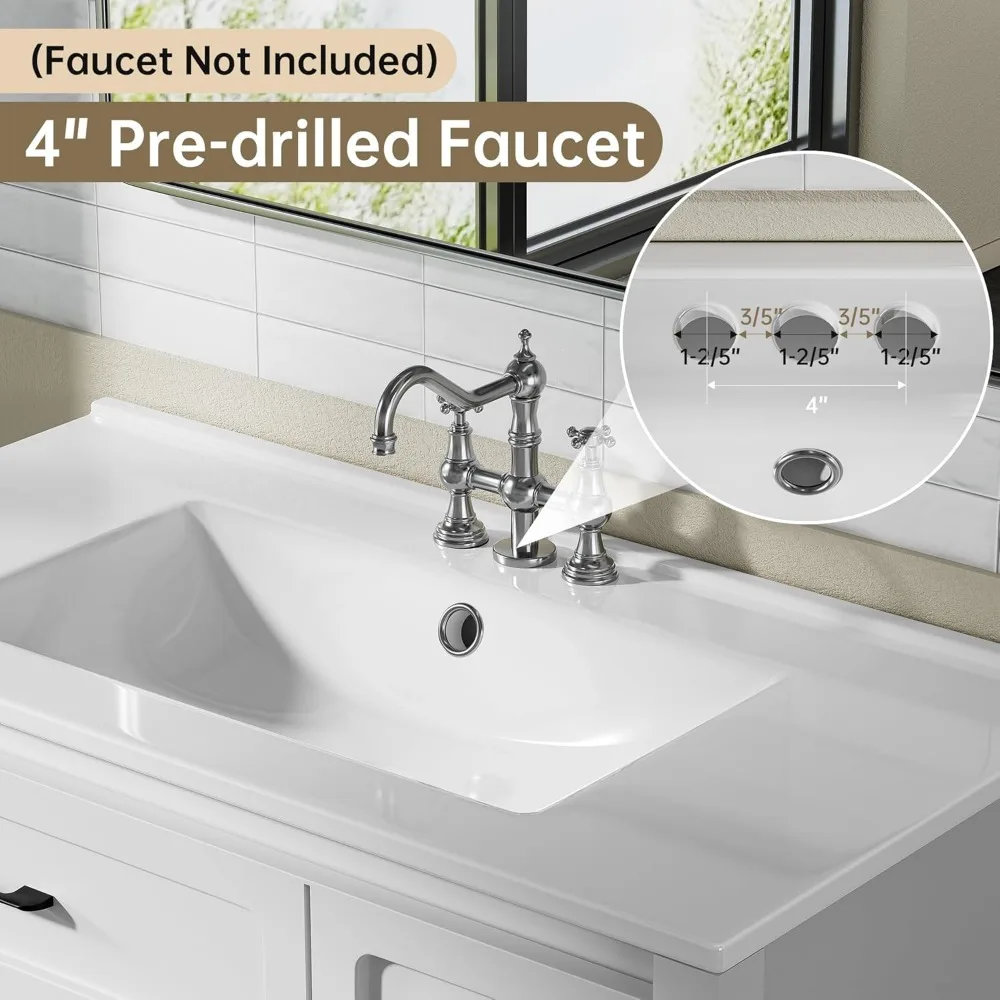 36 Inch White Modern Bathroom Sink with Sink, Storage Cabinet with 3 Drawers, Independent Bathroom Sink 5