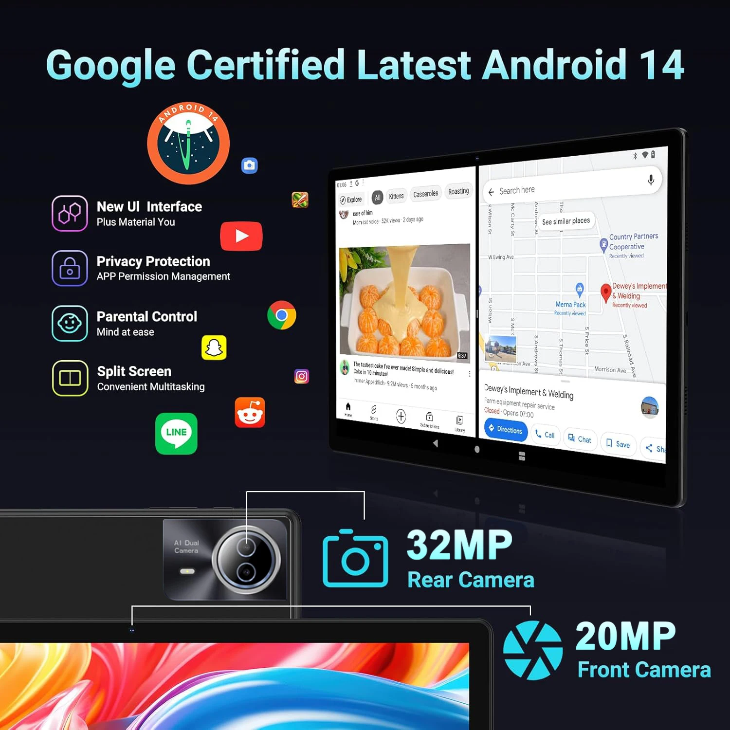Global Firmware 14 Inch Big Screen Eyes-Protect Android 14 Tablet PC 16+512GB 4G Phone Call Google A-GPS 5G WIFI tablet Kids Pad 3