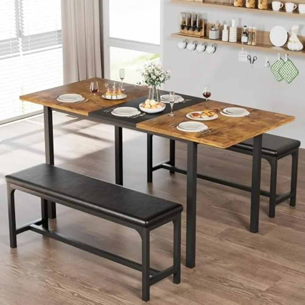 

Раздвижной кухонный стол из 3 предметов со скамейками, современный столовый набор для завтрака на 2/4 персон, небольшой компактный дизайн, коричневый