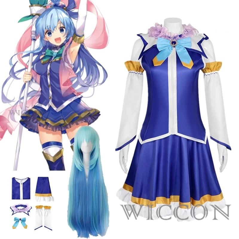 Женское платье для косплея Anmine Konoosuba Aqua, красивые аниме костюмы для косплея с голубым градиентом, парик