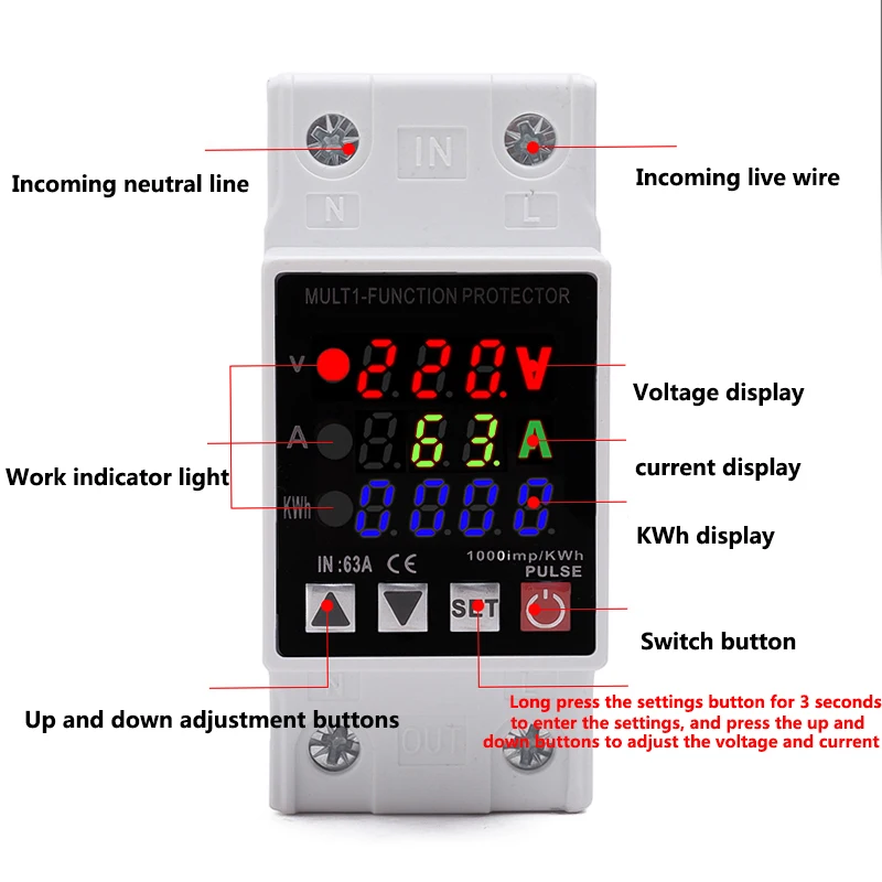 Rail overvoltage and undervoltage protector 220VAC digital display voltage and current kWh