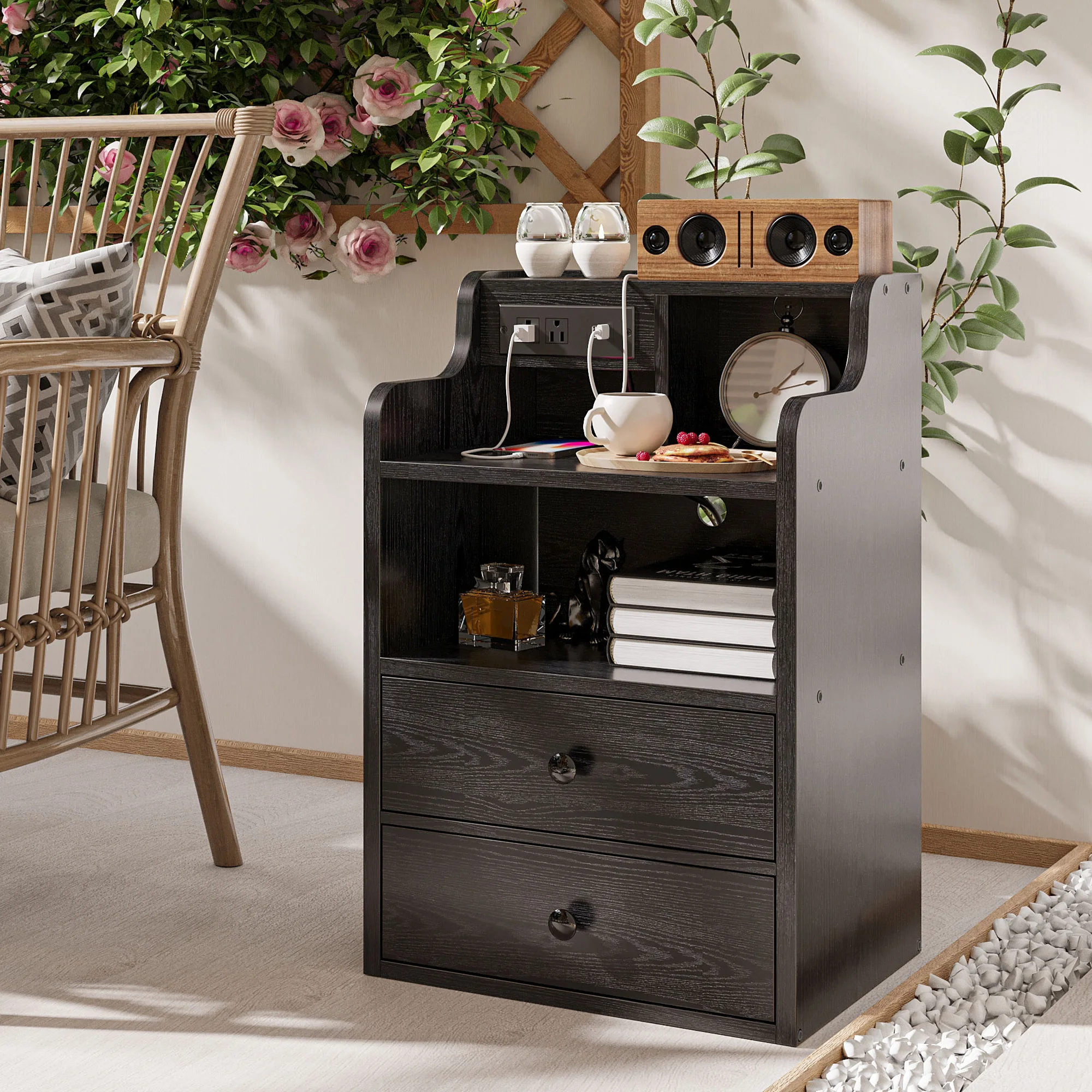 LIKIMIO Black Nightstand with LED Charging Station 2 Drawers LED and Storage Shelves, Left and Right Interchangeable Sockets