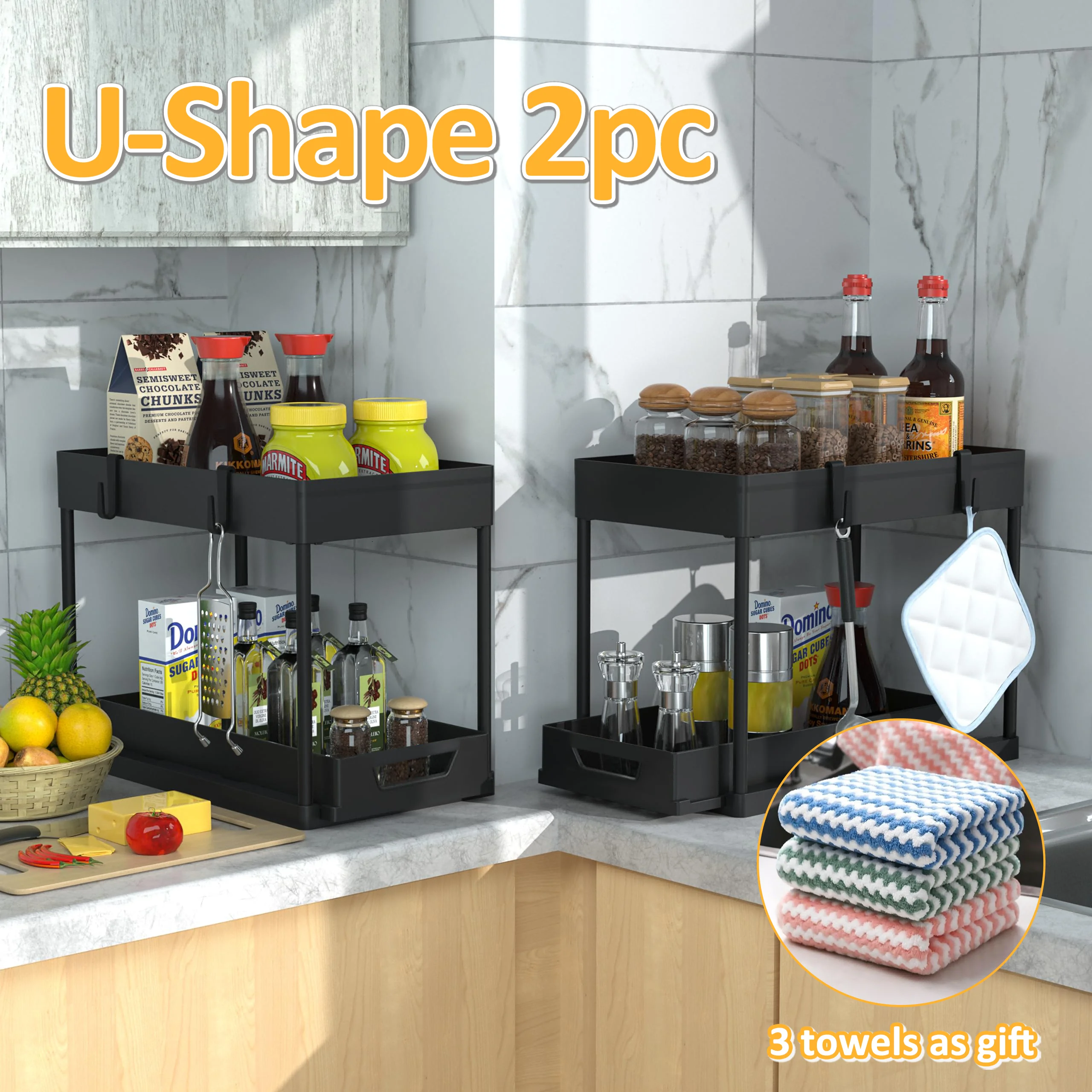 Multifunctional under Sink Shelf U/R Shape 2 Tiers Standing Shelf Sink Cabinet Organizer Kitchen Shelf Black