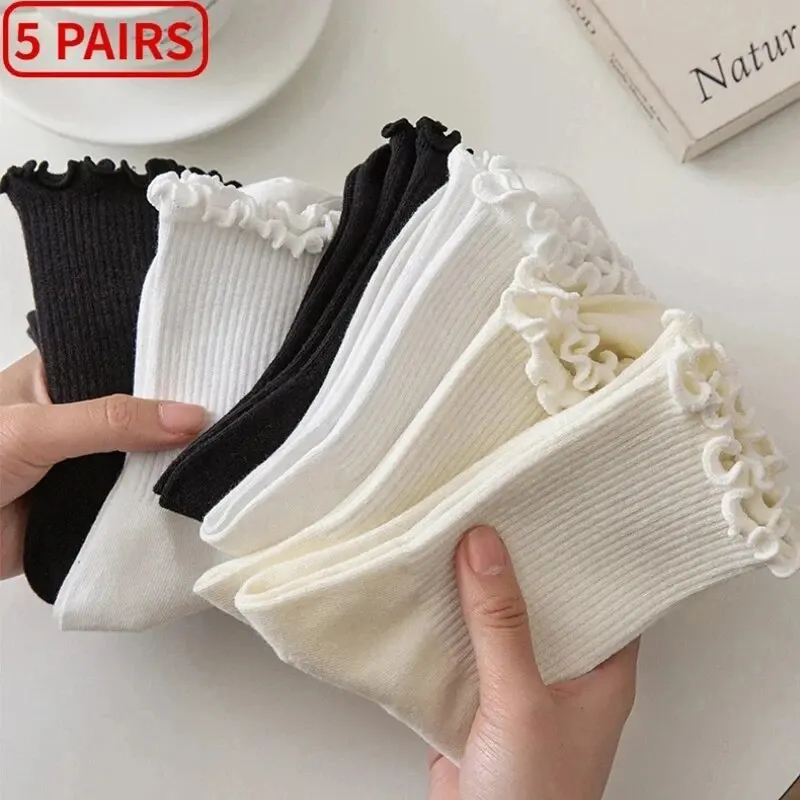 Womens Socks 5 /10 Pairs Lot Socks for Women Ruffle Middle Tube Ankle Short Breathable Black White Set Spring Autumn