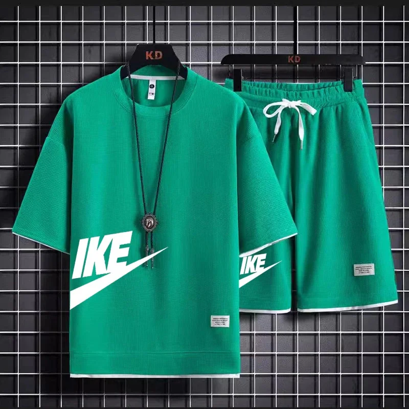 2024 New Summer Round Neck Short Sleeve Men Casual Sports Set Loose T-shirt Shorts Waffle Style Clothing Personality Streetwear