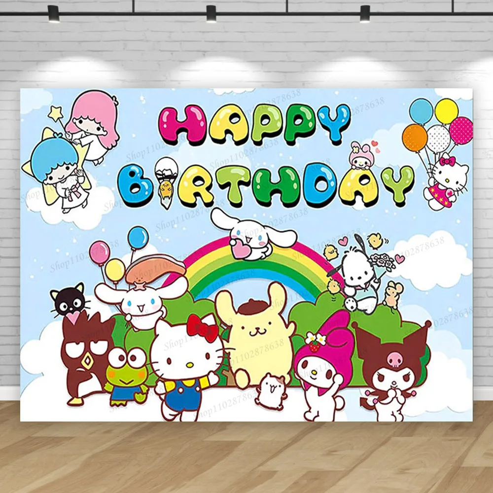 thumbnail image 1 of Fondo con temática de Kuromi, Hello Kitty, niña, fiesta de primer cumpleaños, baby shower, fondo para fotografía, estudio fotográfico, pancarta decorativa, 1 of 5