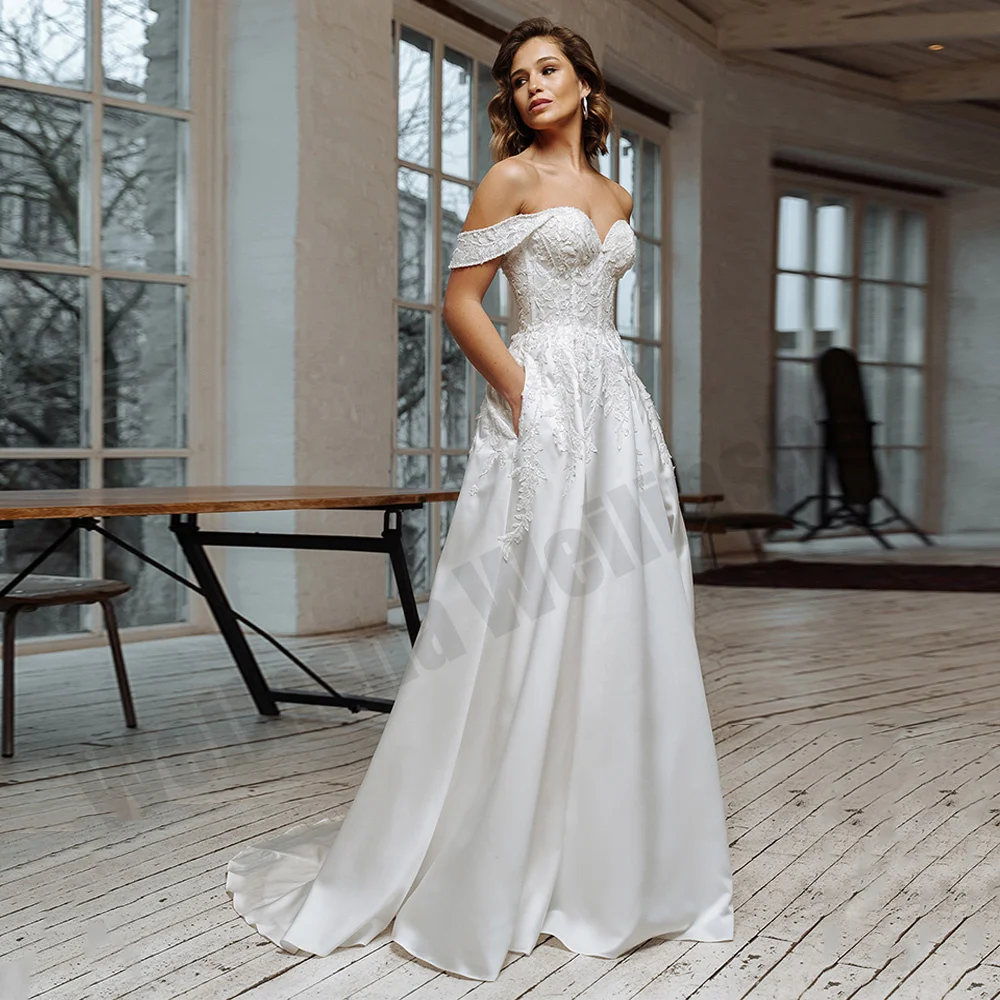 

Elegant Satin Wedding Dress for Women Detachable Off The Shoulder Sweetheart Neck Sequined Applique A Line Bridal Gown Pockets