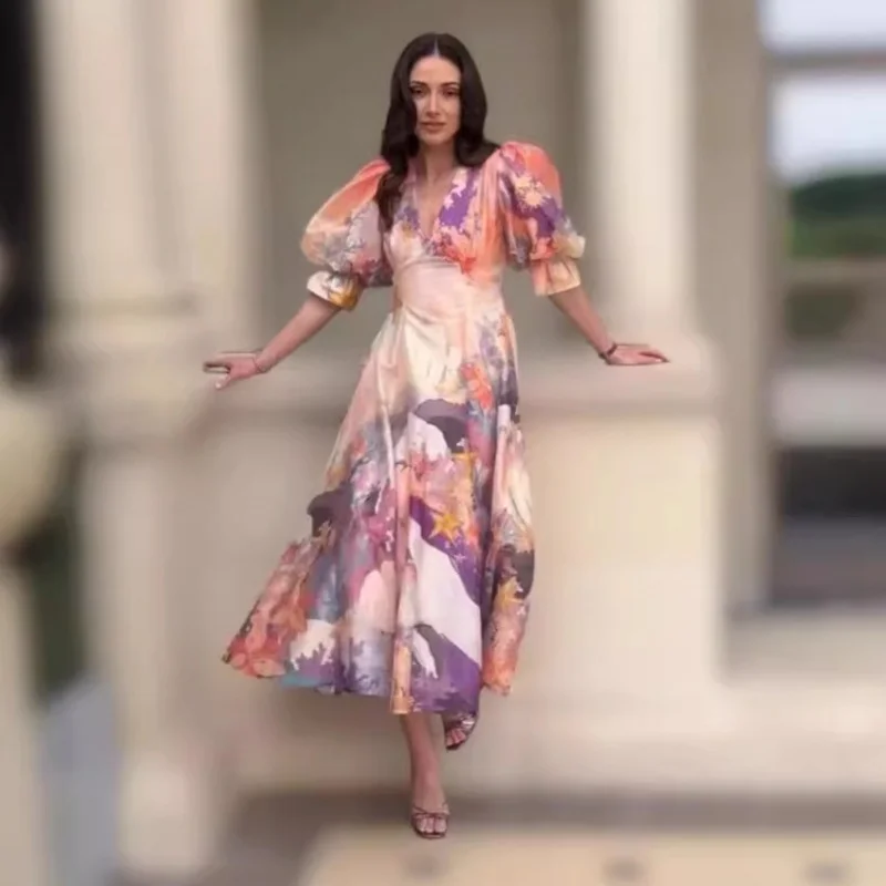 

Women's Dress Floral Linen Elegant Long Dresses Casual Vacation Beach Party Dresses Woman Clothing Summer Clothes Women 2024