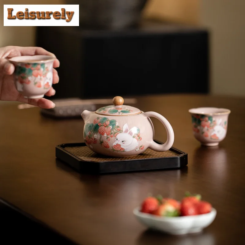 Antique Pink Ru Kiln Teacup Strawberry Rabbit 1 Pot 2 Cups Chinese Tea Making Xishi Kettle Teapot and Tea Cup Set Kung Fu Teaset
